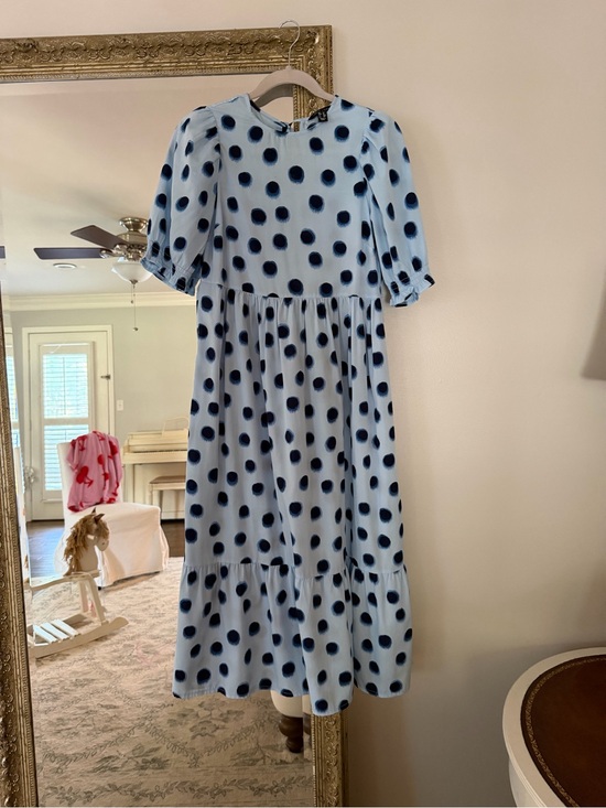New Look Dresses & Skirts - New Look Light Blue Midi Dress with Navy Polka Dots